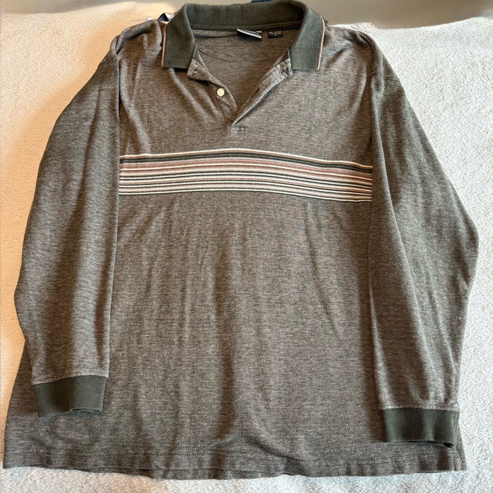 Bugle Boy XL Long Sleeve Shirt Olive Green W/ Brown, Green & White Stripes